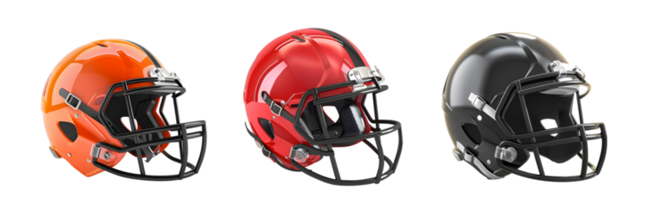 Bundle of Orange Red black cricket helmet Isolated on transparent background, png