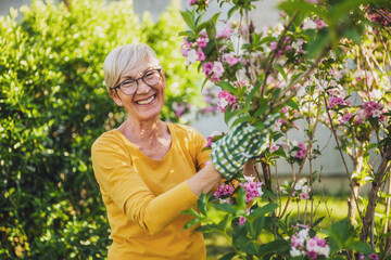 Happy senior woman enjoys looking at flowers in her garden.	