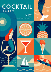 Retro flat summer disco party poster with summer attributes. Cocktail , tropic fruits, mermaids, ice cream and ship. Vector illustration