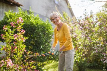 Happy senior woman gardening. She is pruning flowers.	