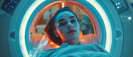 An augmented reality VFX of a woman lying on a CT or PET or MRI scan bed, moving inside the scanner while it scans her brain and vital parameters.