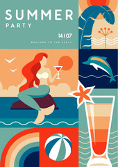 Retro flat summer disco party poster with summer attributes. Mermaid with cocktail, dolphin, tropic leavesand rainbow. Vector illustration