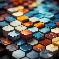 Fondo abstracto colorido con patrón hexagonal.
Primer plano de un patrón geométrico con hexágonos coloridos creando un fondo abstracto.