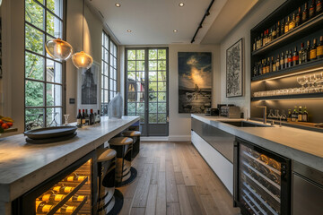 A chic Paris loft kitchen, with French windows, modern art