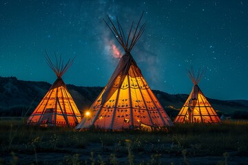 Starry Night Traditional Native American Teepees Illuminated