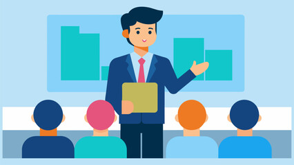A Confident young speaker gives a presentation vector illustration 
