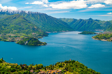 Lake Como, seen from Perledo, with Varenna, Bellagio, Vezio Castle, Punta Balbianello, on a spring...
