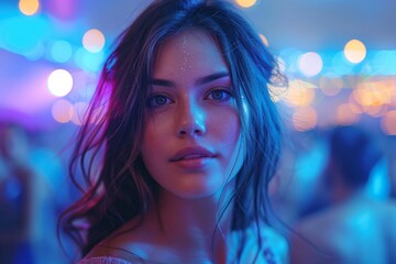 A young woman with captivating eyes and glitter on her face captured under vibrant neon lighting