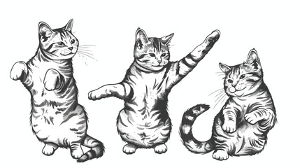 Four of cute funny cats sitting washing stretching