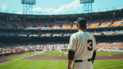 Baseball player poised on the field at a major league stadium