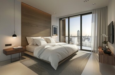 A modern bedroom with white walls, large windows overlooking the cityscape, and an elegant wooden headboard on one wall