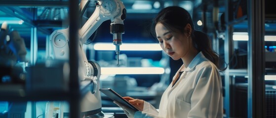 The young woman uses a tablet computer while she researches and develops a futuristic robotic arm machine in a high-tech industrial laboratory with modern equipment. Cinematic footage.