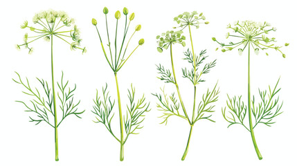 Fototapeta na wymiar Four of elegant drawings of dill plant with flowers l