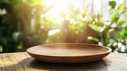 A wooden bowl with a leafy green plant on top of it. The scene is set in a garden or a park, with the sun shining brightly on the plants