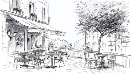 Four of freehand sketches of outdoor cafe or restaurant