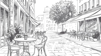 Four of freehand sketches of outdoor cafe or restaurant