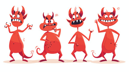 Four of funny red devil in different postures isolated