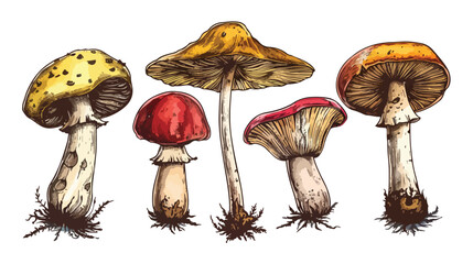 Four of hand drawn colorful mushrooms. Four isolated