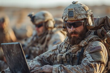 Two soldiers in full gear attentively using a laptop, showcasing teamwork and field communication capacity