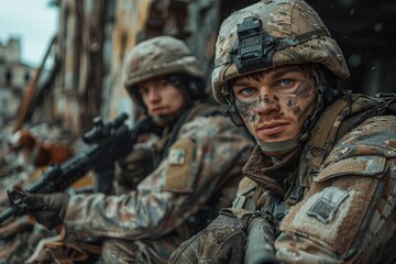 Fototapeta premium Soldiers in combat gear with rifles poised for action in a desolate urban warzone