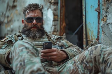 A bearded soldier relaxes using a smartphone while resting in a ruined building