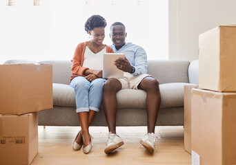 Black couple, social media and tablet with love, sofa in living room of new home for browsing...