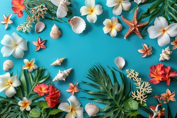 flat lay of tropical flowers, seashells, starfish, palm tree leaves on blue background