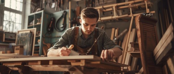 Wooden Chair Parts Assembled With Rubber Hammer. Stylish Furniture Designer Working in a Loft Space with Tools on the Walls. Young Carpenter Reading Blueprints.