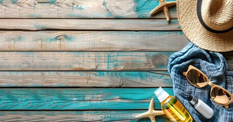 flat lay of sunglasses, straw hat, starfish, sunscreen spray on old blue wooden background, banner with copy space