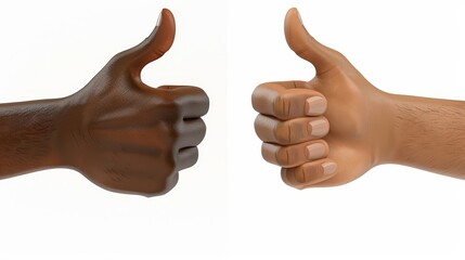The thumb up and down hand gestures are part of a like and dislike icon set. African American man hand shows symbols of good and bad. Vote gestures are shown in 3D render illustration isolated on a - obrazy, fototapety, plakaty