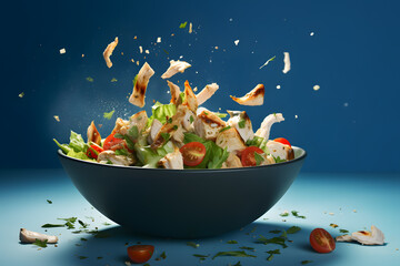 Chicken and vegetables salad falling in bowl on blue background
