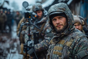 Fototapeta premium Close-up of an intent soldier in combat gear with a film crew in the background