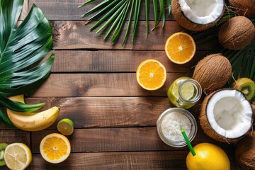 flat lay of tropical fruits, coconut, lemons, oranges, banana, drink, palm tree leaves on wooden background with copy space