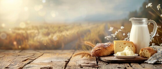 jug of milk, cheese, butter, break on wooden table with copy space with farm background banner