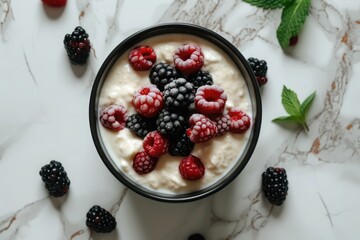 top view of a bowl of yogurt with raspberries and blackberries, top view
