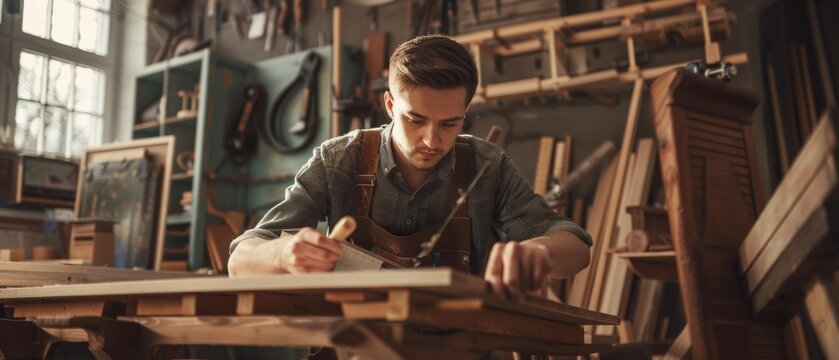 Wooden Chair Parts Assembled With Rubber Hammer. Stylish Furniture Designer Working in a Loft Space with Tools on the Walls. Young Carpenter Reading Blueprints.