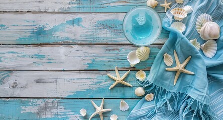 summer banner with copy space flat lay of a beach blue towel, starfish, seashells, drink on wooden background