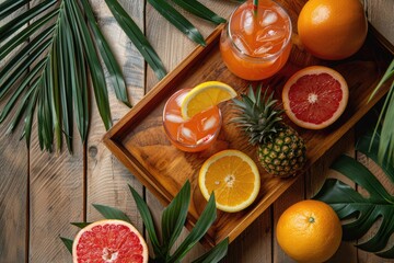 flat lay of a wooden tray with oranges, pineapple, grapefruit, juice, palm tree leaves on wooden background