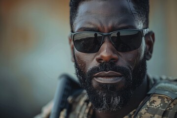 A detailed close-up portrait of a bearded male soldier in sunglasses, showcasing intensity and readiness