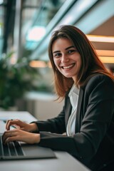 Professional woman using a laptop computer in an office setting Fictional Character Created By Generative AI. 