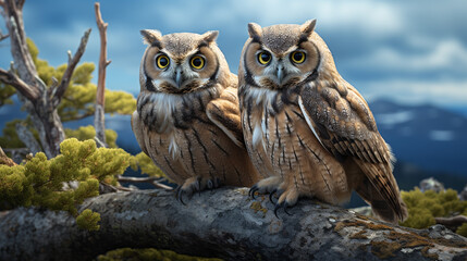 great horned owl on a branch  HD 8K wallpaper Stock Photographic Image