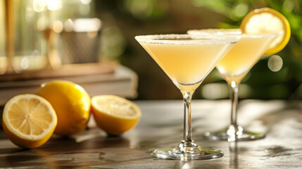 Fototapeta premium Elegant lemon martini cocktails garnished with sugar rim, served on a wooden table with fresh lemons in a sunny garden setting