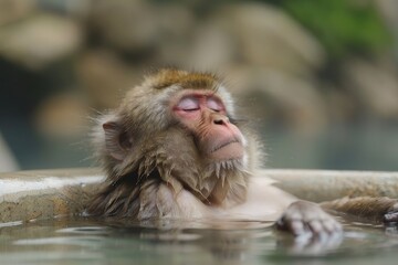 monkey relaxing in hot springs