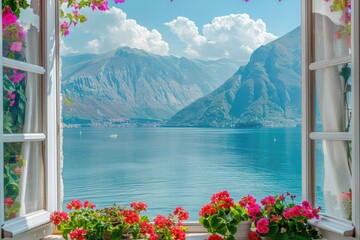 open window with lake and mountains view with flowers on windowsill