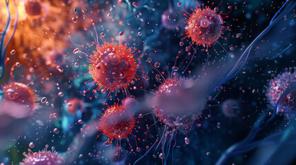 Microphotography 3d rendering of virus cells or germs microorganism cells, realistic super macro photo concept art, abstract background.