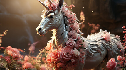unicorn with flowers  HD 8K wallpaper Stock Photographic Image