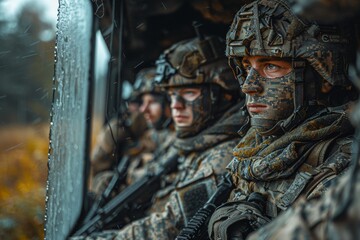 Obraz premium Soldiers equipped with tactical gear await deployment inside a military vehicle