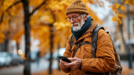 Senior man using health app on smartphone for fitness tracking outdoors