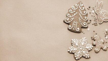 Christmas Gingerbread Cookies On Brown Paper Top View Sepia Tone