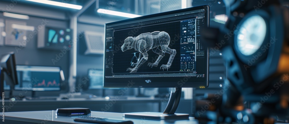 Poster a close up of a computer monitor or display with three-dimensional cad software is shown with a high